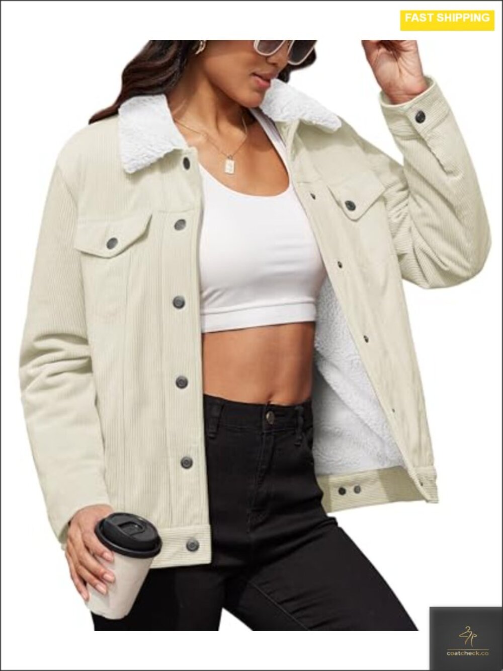 Women's Corduroy Jacket Sherpa Fleece Lined Winter Coat with Pockets